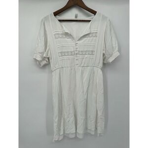 "L Love" V-Neck Lace Trim White Dress 100% cotton lined milkmaid buttons M mini